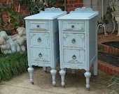 CUSTOM ORDER Pair of Shabby Chic NIGHTSTANDS Bedside Tables - Hand Painted White Aqua Blue Antique Distressed Bedroom Furniture