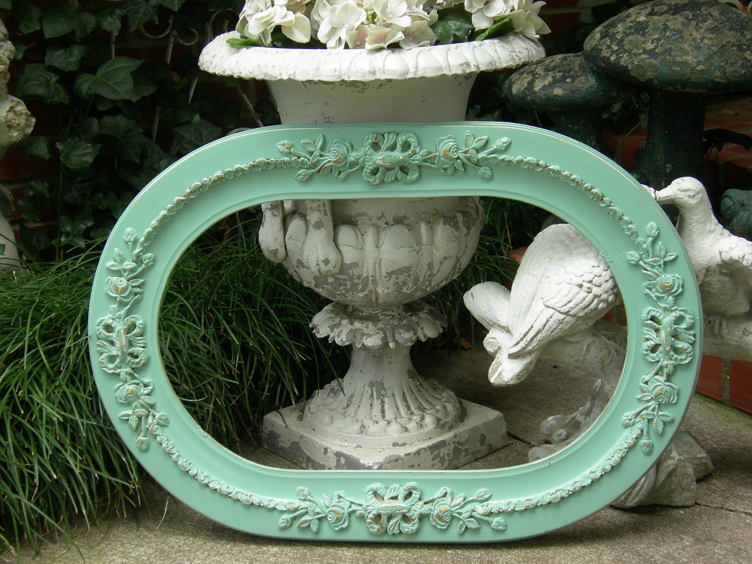 Old Shabby Chic Aqua Picture Frame Roses Scrolls 12" X 20"