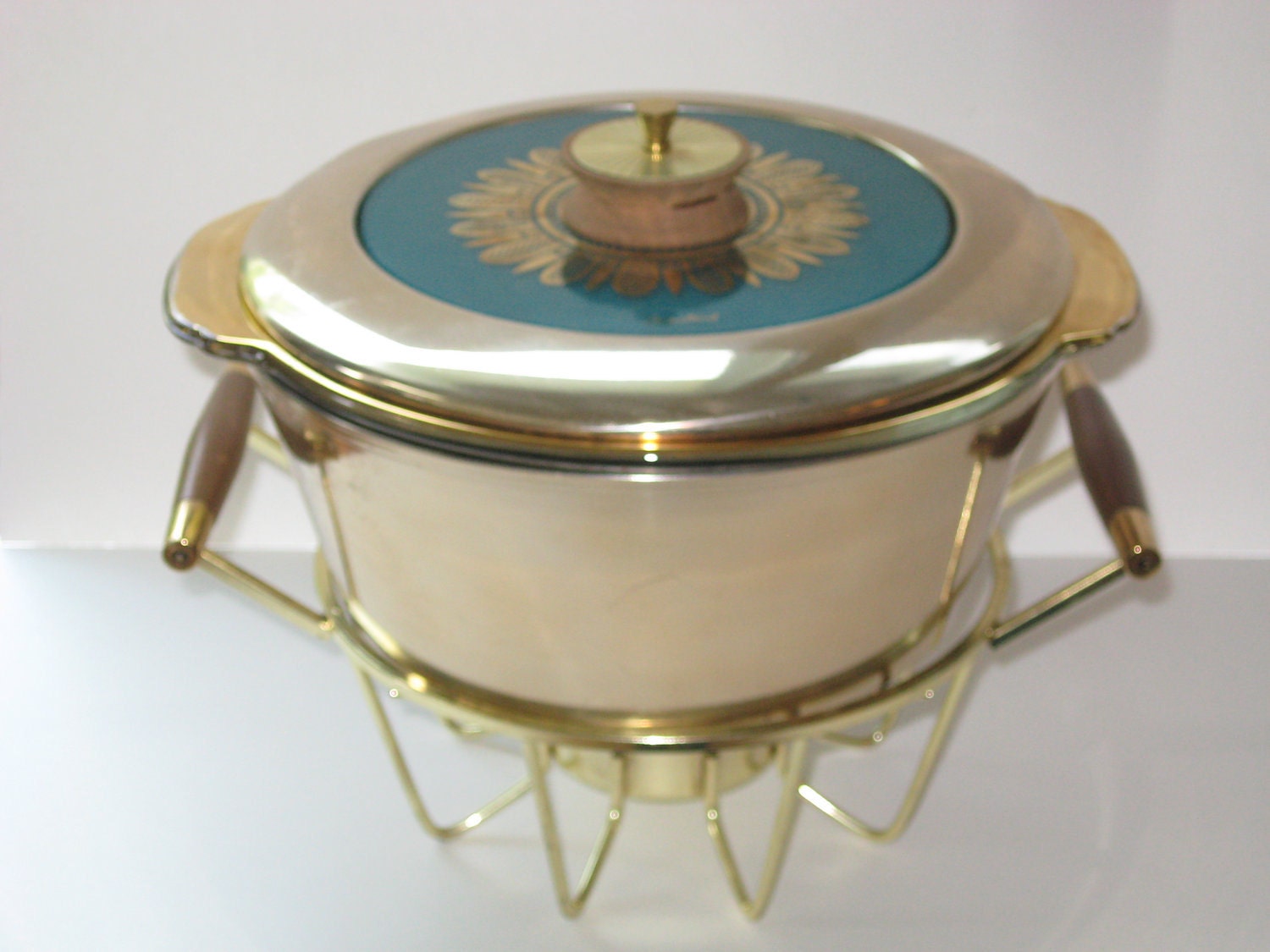 Georges Briard Gold & Teal Embassy 4 Pc Casserole Chafing Dish Warming Stand Retro