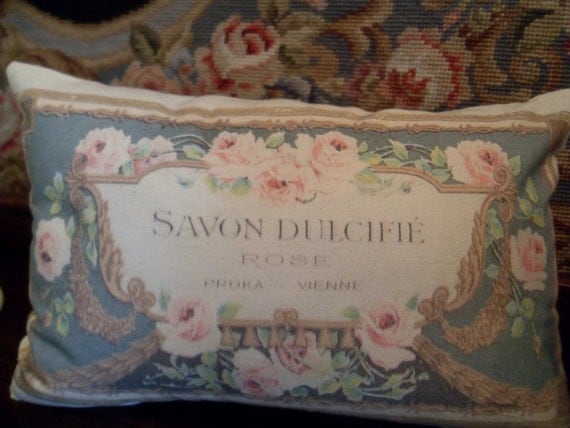 Savon French Style Aubusson Pink , Blue,Vintage Perfume Label Roses Cushion bolster pillow