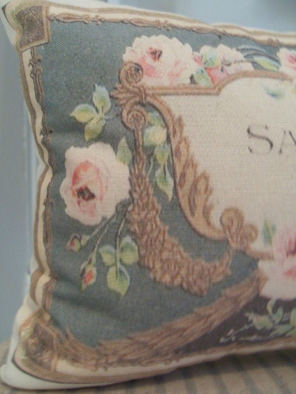 Savon French Style Aubusson Pink , Blue,Vintage Perfume Label Roses Cushion bolster pillow