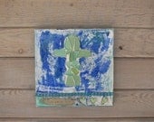 Mixed Media Original Inspirational sea glass Christian cross turquoise blue green word art 8 x 8