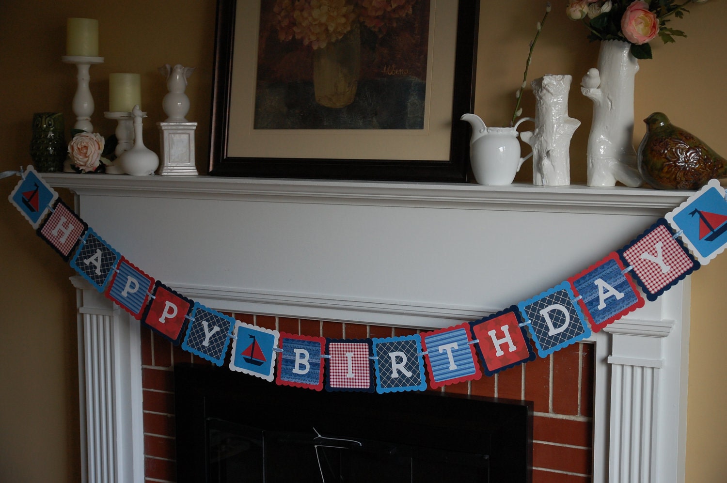 Sailboat Happy Banner, Happy Birthday Banner, Nautical Birthday Banner, Sailboat Birthday, Red, White, Navy and Blue