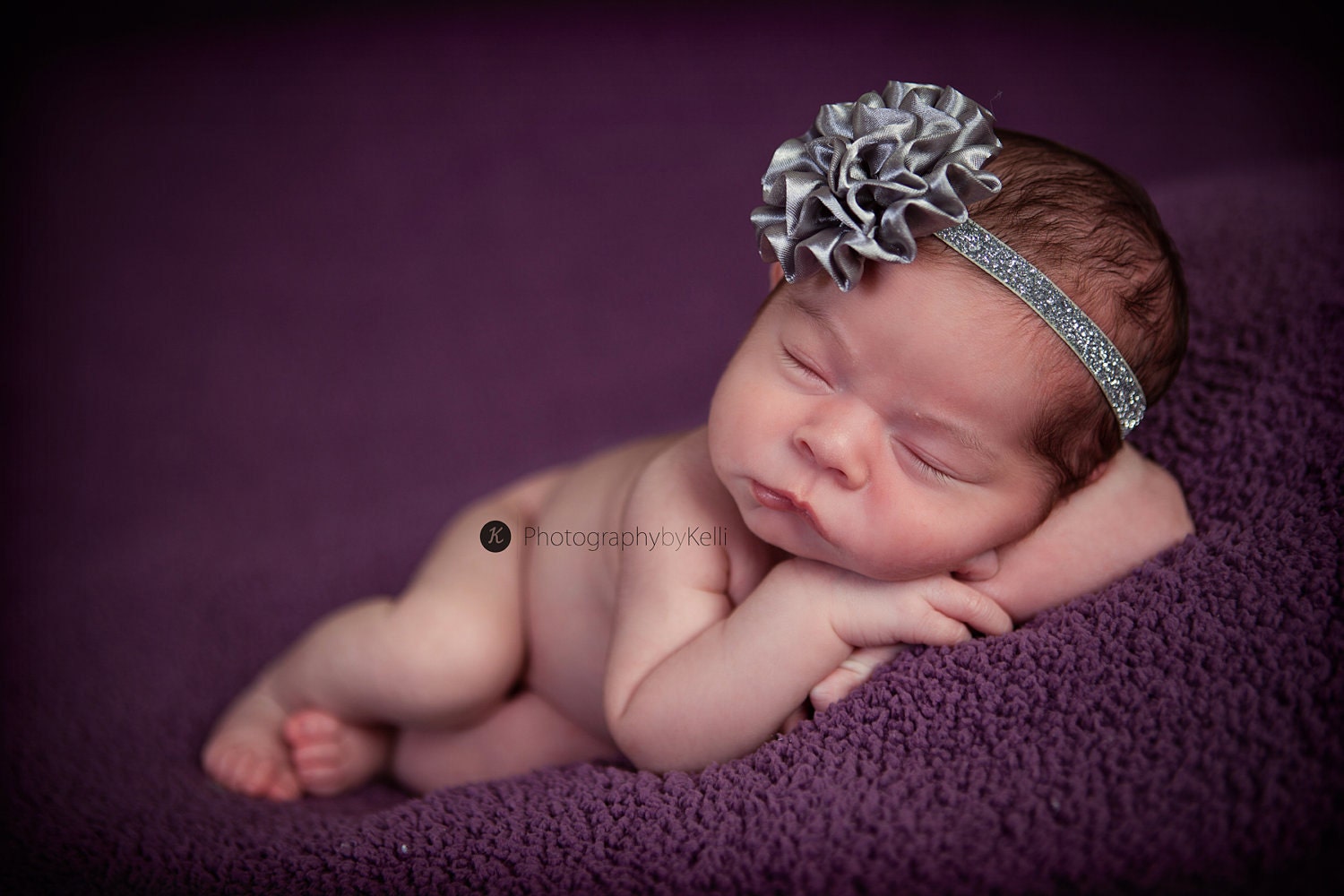 Baby Headband..Baby Girl Headband...Newborn Headband...silver satin puff on glittery silver headband