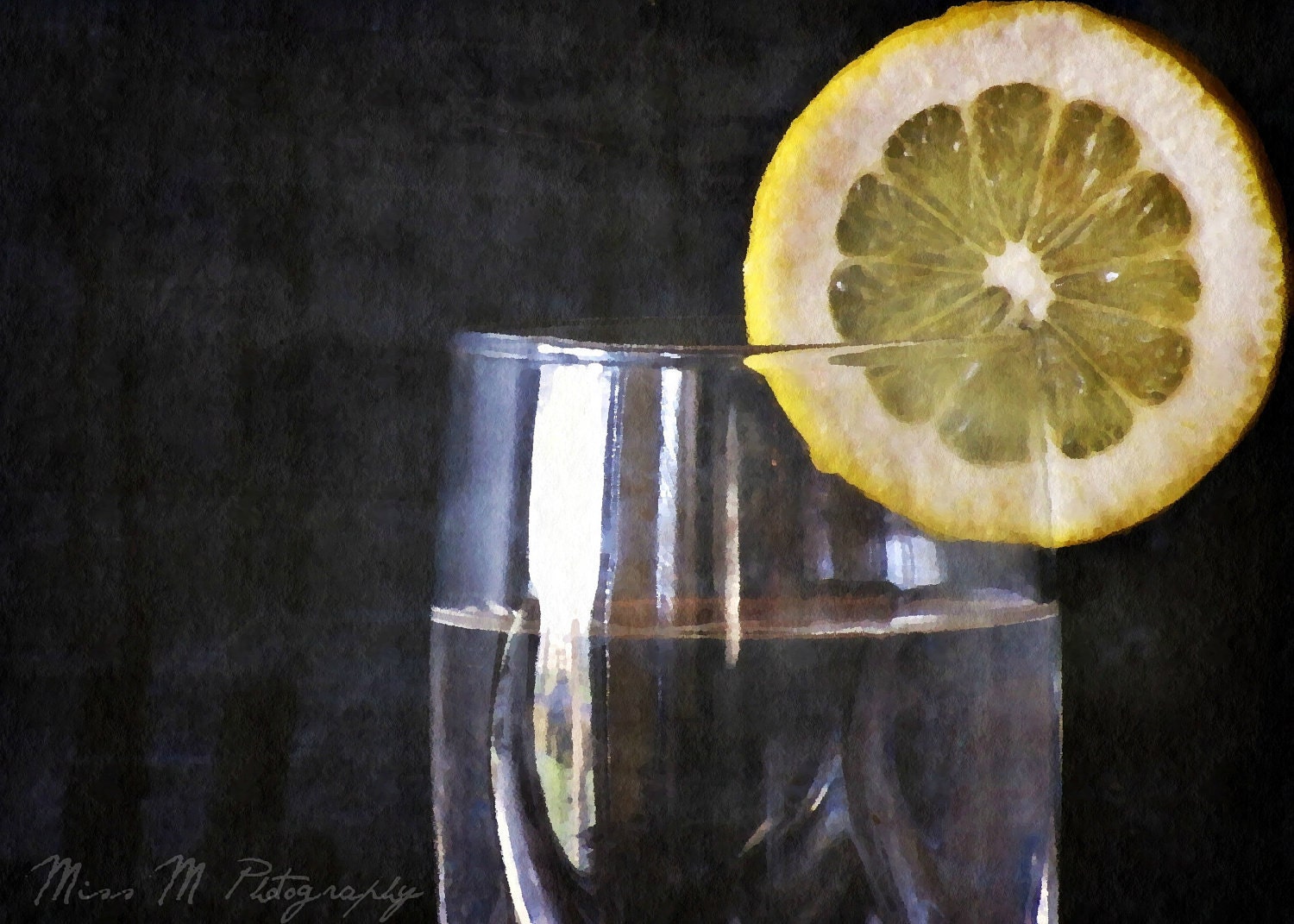 Water With Lemon, charcoal, slate, yellow, kitchen, home decor, original fine art photograph, 5x7 print, metallic finish
