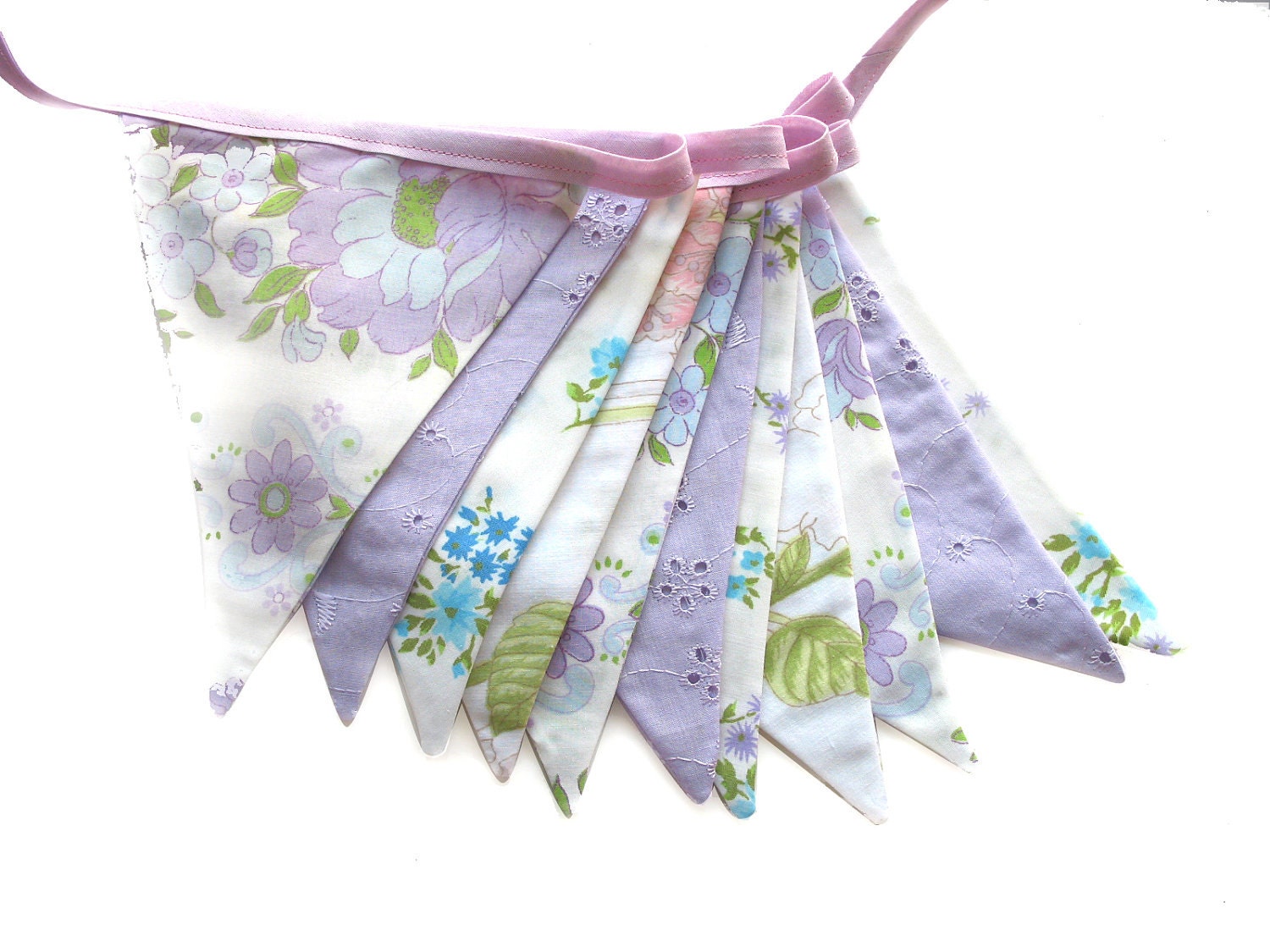 Vintage Pretty Pastel Floral Lavender & Lilac Doily Lace, Floral Flag Bunting. Wall hanging, Kitchen Tea Party, Wedding etc