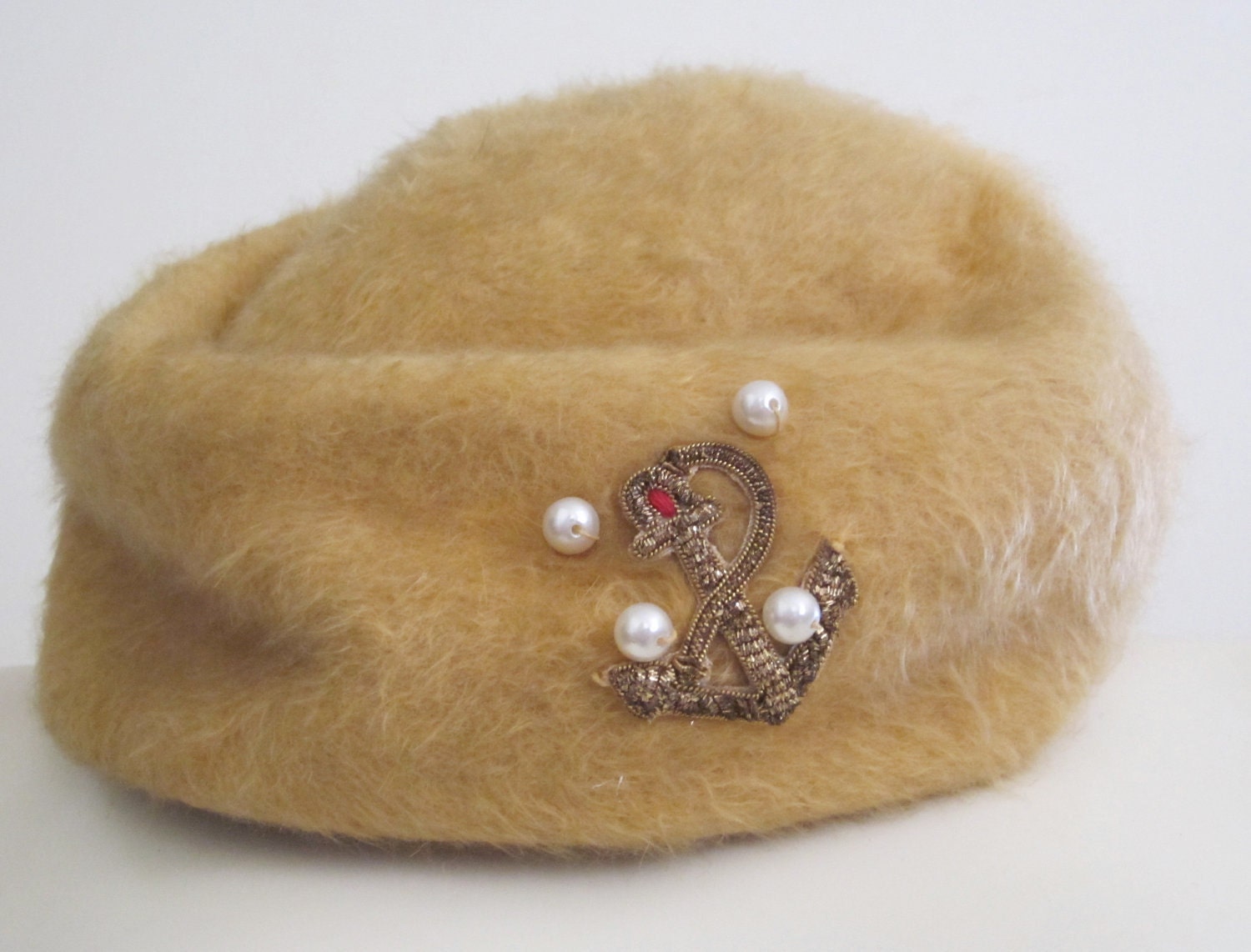 Vintage Nautical Hat Yellow 1940s Pearls Anchor Nautical Fashion Sailing Style 40s Hat Anchors Away Swing Dressing Military Look