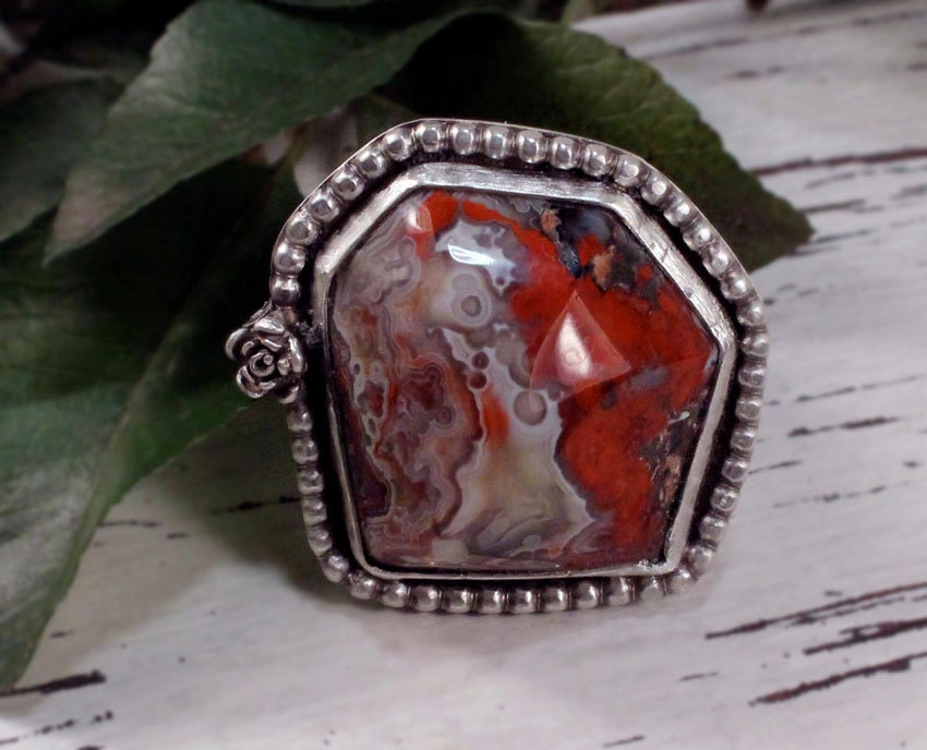 Silver Ring with Faceted Mexican Crazy Lace Cabochon