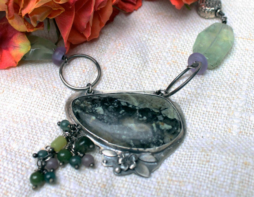 Silver Primordial Quartz With Copper Necklace With Prehnite and Jade Beads