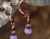 Burgundy and Ice Fauceted Smoky Quartz Glass Pearls with Copper Wire Earrings Handmade