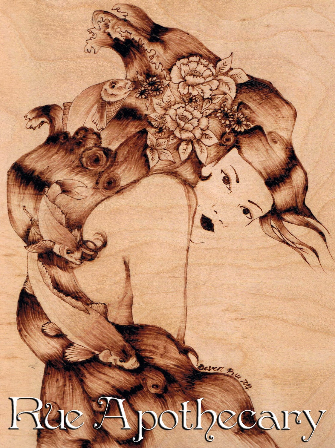 Water & Geisha Pyrography Plaque