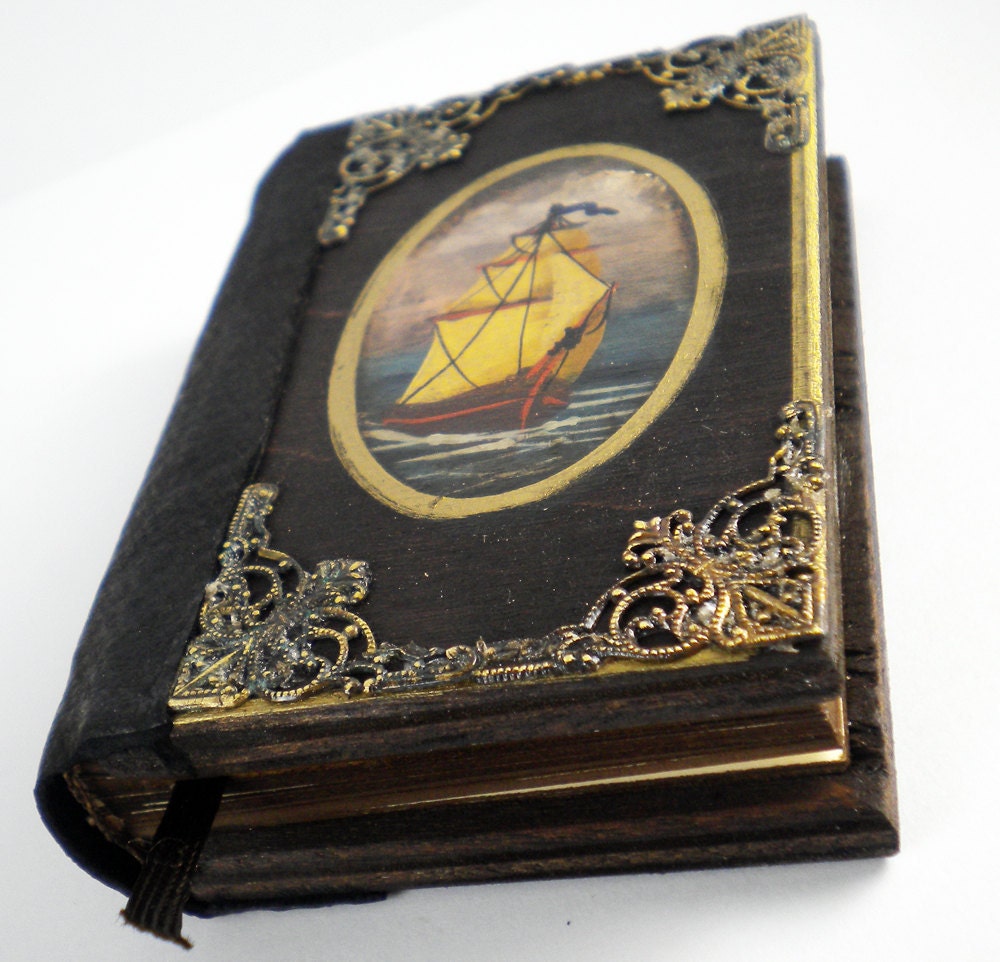 Old ship journal vintage style blank notebook hand painted wooden cover extra small size, ships for free