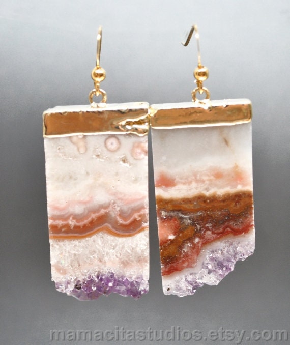 Natural Druzy Pink Geode Amethyst Stalactite Slice Gold Earrings