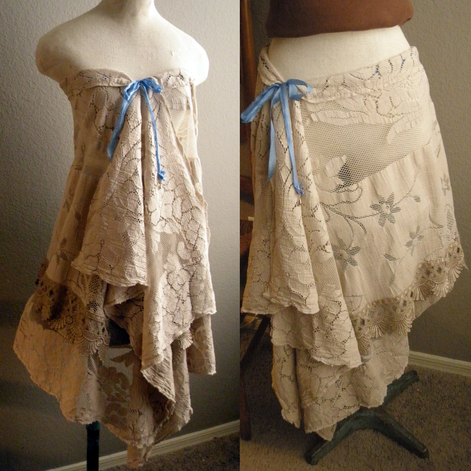 Lace Convertible Skirt Dress Vintage Linens Repurposed Upcycled Asymetrical Hem Hippie Boho Up to 36" Waist
