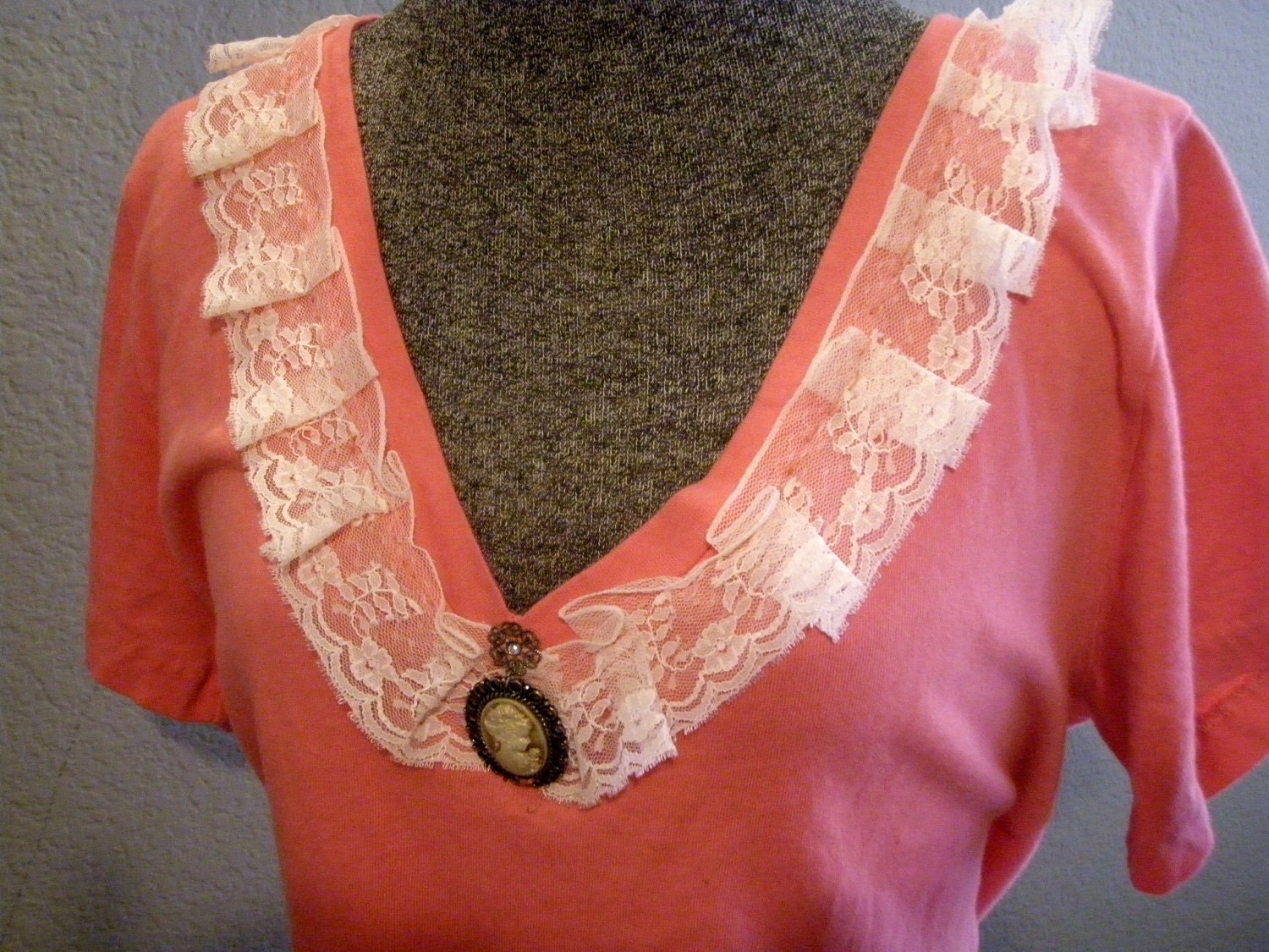 Coral Tee Shirt Embellished Vintage Lace Jewelry Handsewn OOAK Cottage Chic Boho, Size XL