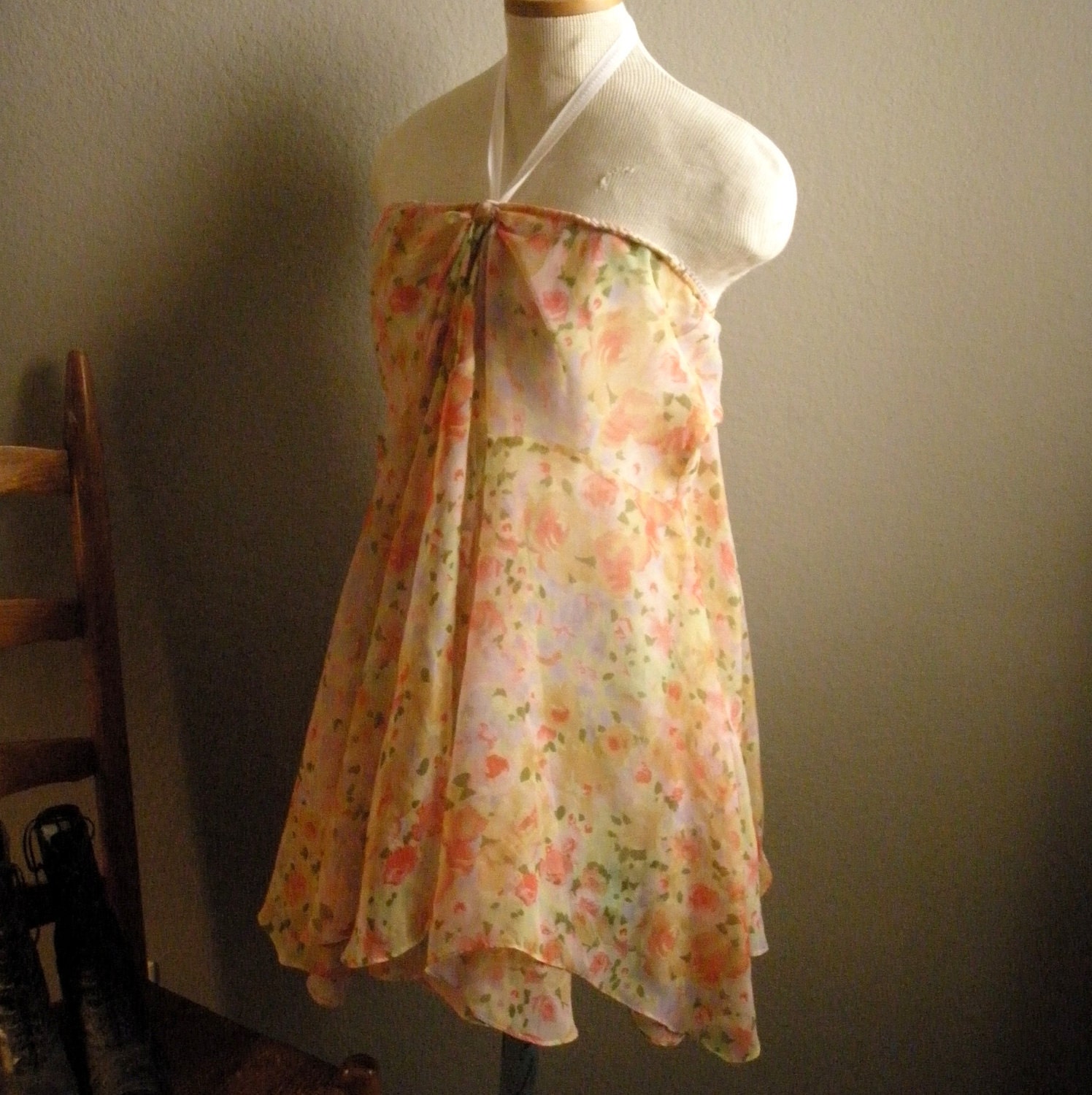 Halter Top Dress Tunic Flowing Shabby Flowers Handmade Peasant Chic RePurposed Skirt Size Small Medium