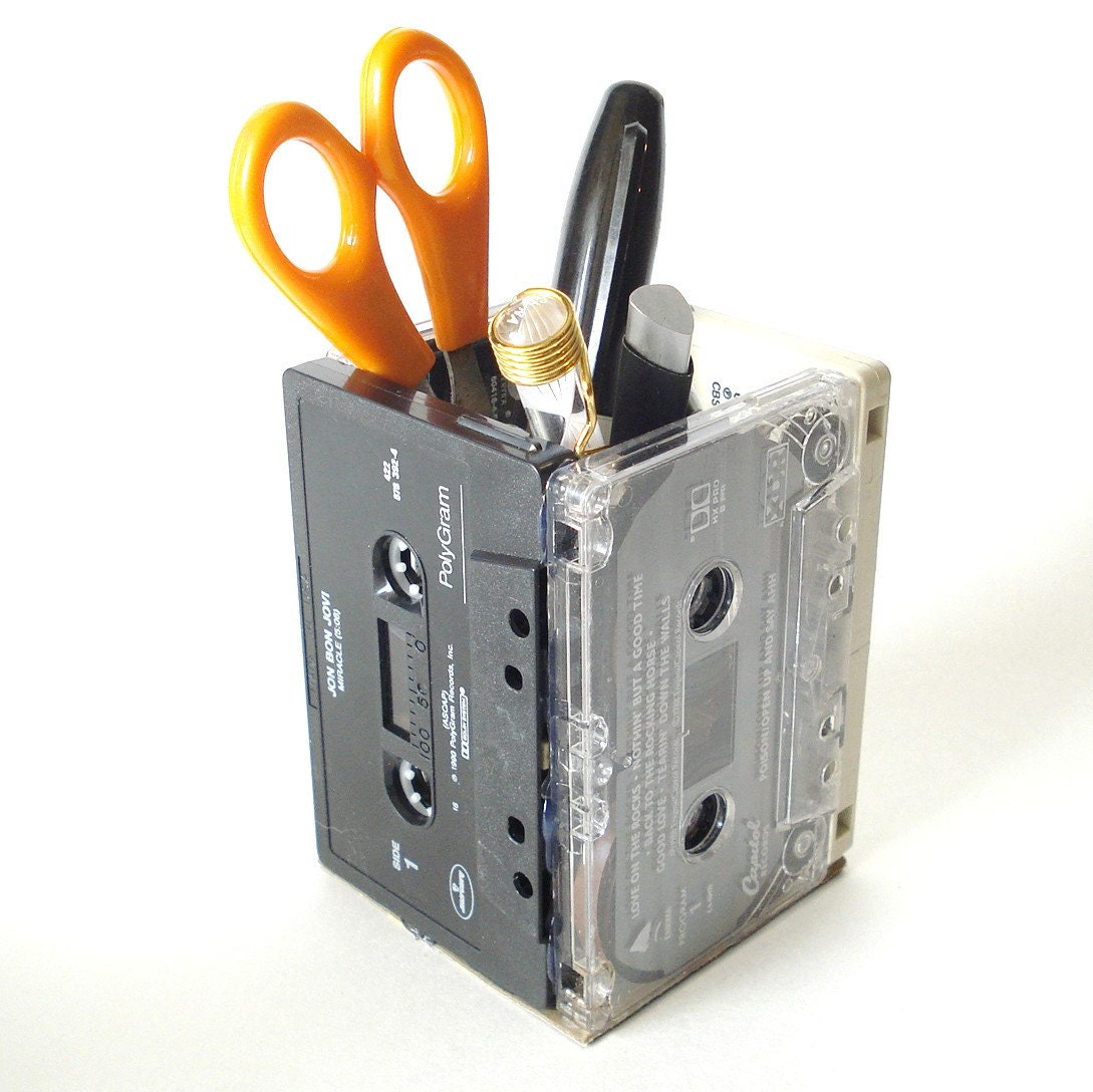 Mix tape Journey Bon Jovi Motley Crue Poison Upcycled Cassette Pencil Holder