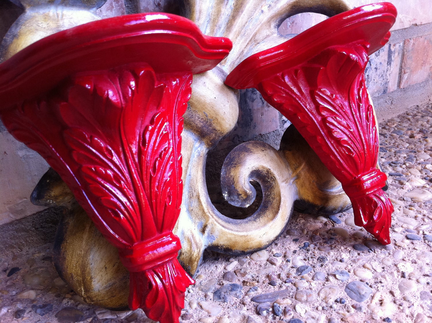 Hollywood Regency Upcycled Vintage Wall Shelves Wall Ledges Ornate Pair Red Unique Home Decor