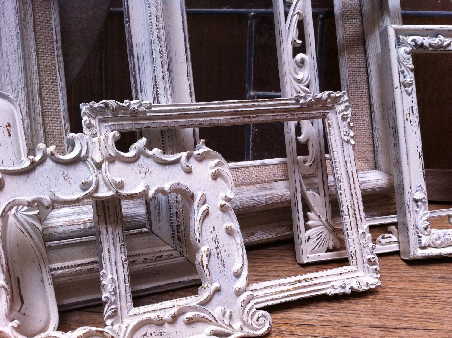 Wedding Decor, Empty Wall of Frames, Chippy Frames, White Shabby Chic, The Ugly Duckling, Distressed Vintage Frames, Home Decor