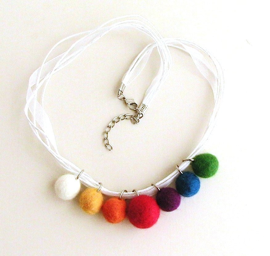 Felt Balls. Rainbow balls. necklace. Gift  under 20.