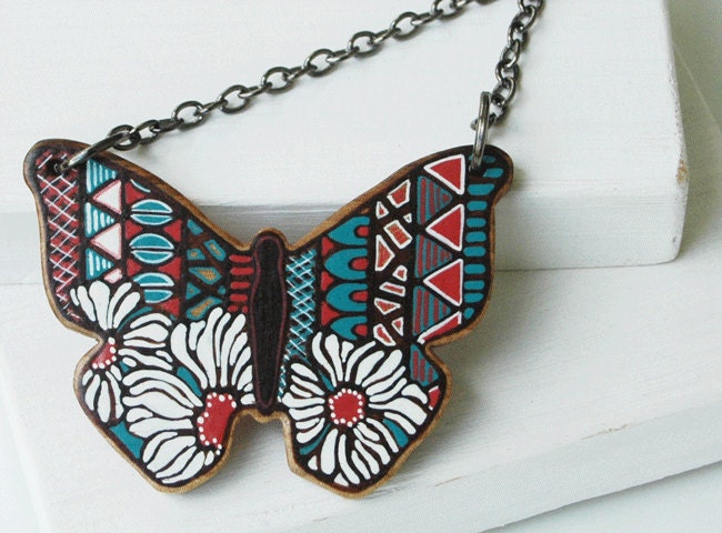 Butterfly Necklace Hand Painted on Walnut Wood Art Pendant Animal Jewelry