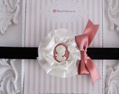 Sweet Black Headband adorned with Ivory Satin Cabbage Rose and Darling Cameo centre. Headband or Clip. Great Photo Prop. 0253