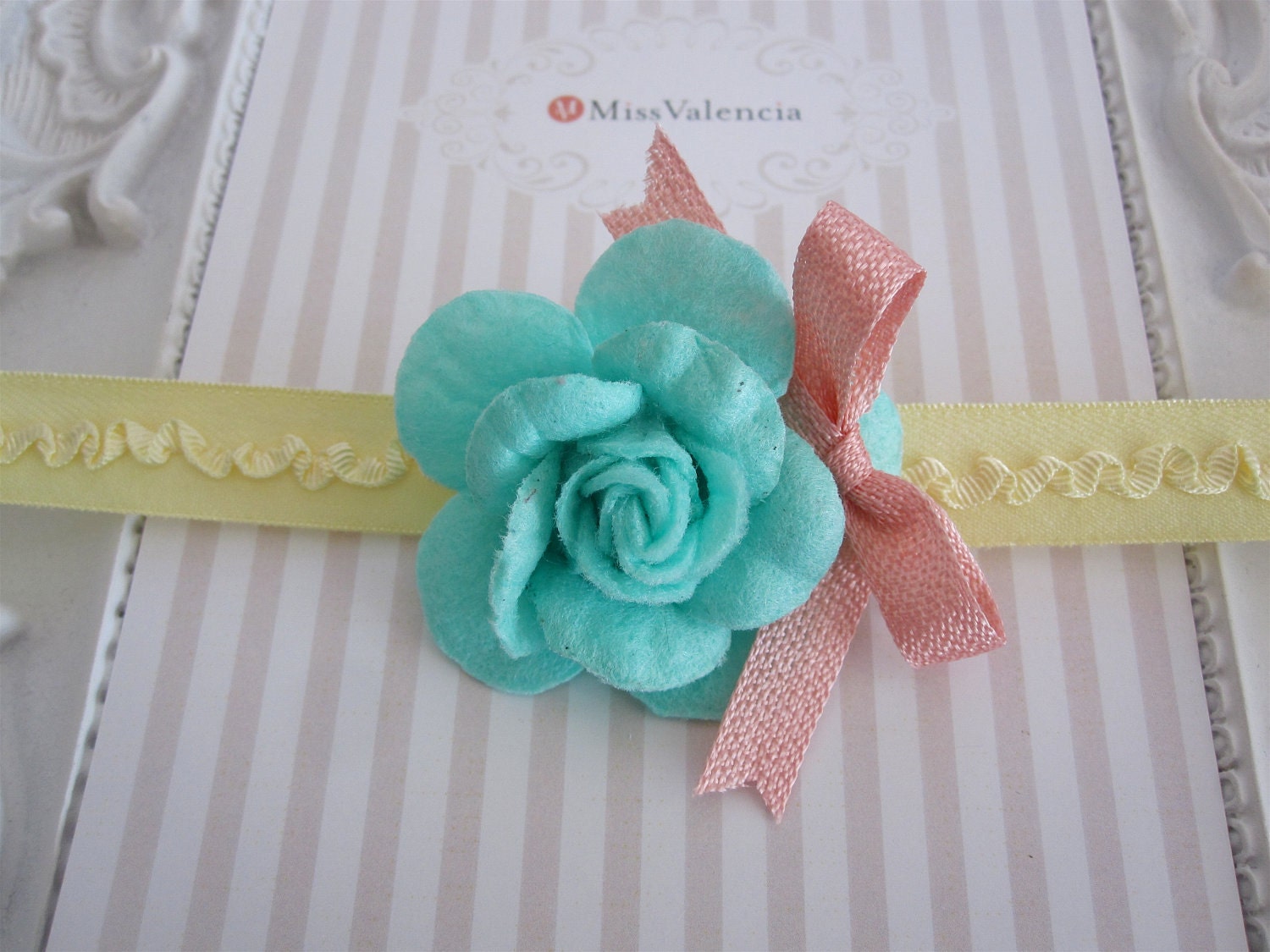 Sweet Butter Yellow Headband with Turquoise Blue Felt Rose and Perfect Pink Bow. Headband or Clip. Great Photo Prop. 0266