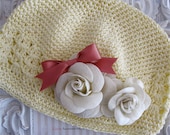 Sweet Crocheted Butter Yellow Beanie Toddler Hat with Ivory Felt Roses and Perfect Pink Bow. Great Photo Prop. 0279
