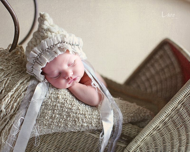 Baby Bonnet - Vintage Bling Newborn Bonnet - Hand-Knit Baby Bonnet - newborn photography prop - knitbysarah - stitches by sarah