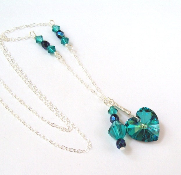 SALE, Peacock Blue Necklace, Teal Crystal Heart Necklace, peacock necklace, sterling silver, keepsake, swarovski, fashion, bermuda blue