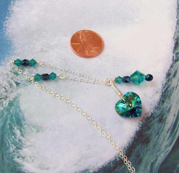 SALE, Peacock Blue Necklace, Teal Crystal Heart Necklace, peacock necklace, sterling silver, keepsake, swarovski, fashion, bermuda blue