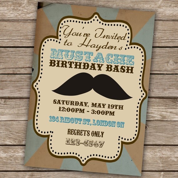 Printable Birthday Party Invitation - Vintage Mustache Bash Theme (Digital File)