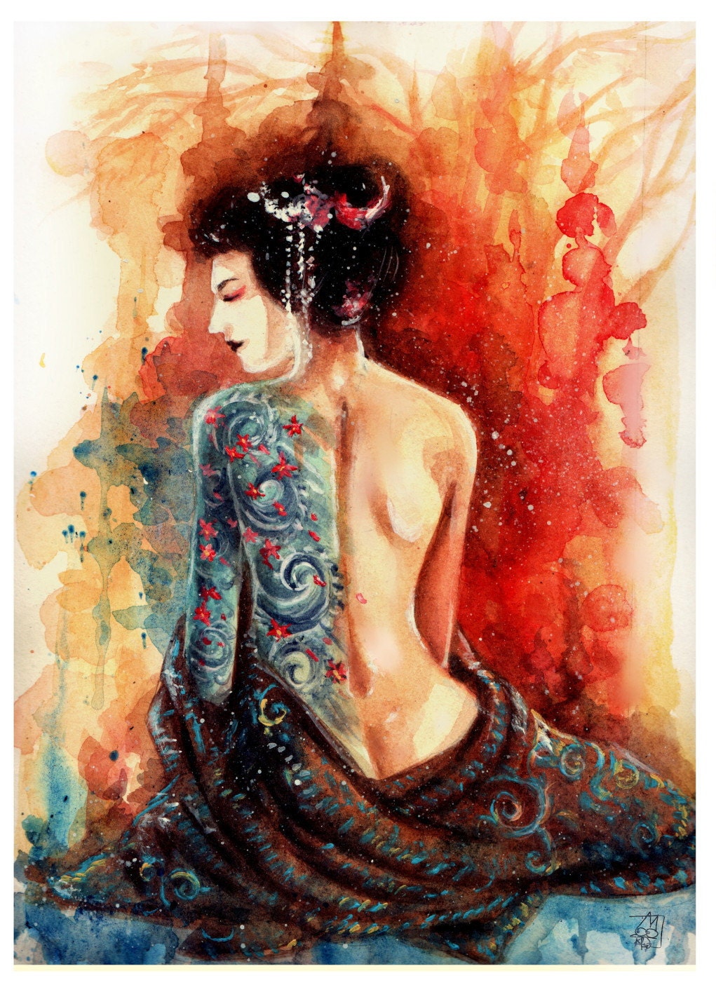 PRINT geisha tattoo watercolor