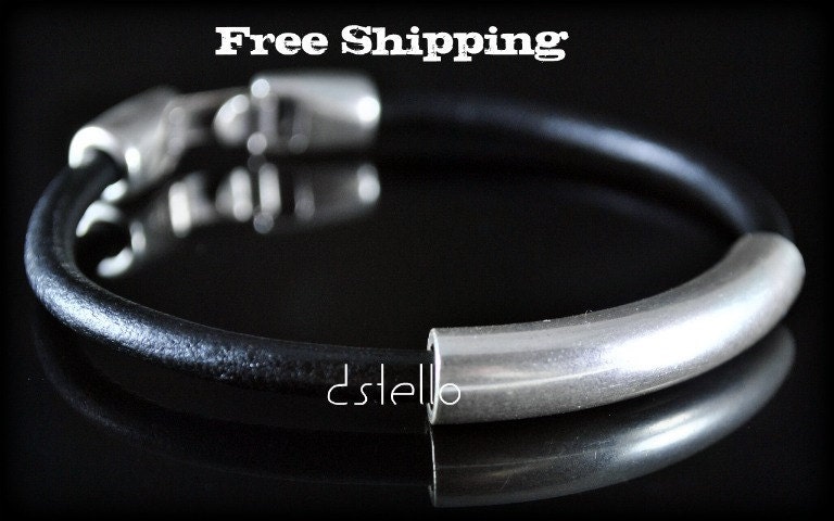 Gift ideas, Unisex Jewelry, Leather Bracelet, Silver color Curved Tube, Man, Men, Women, Gift for Him / Her, European Quality, Spanish