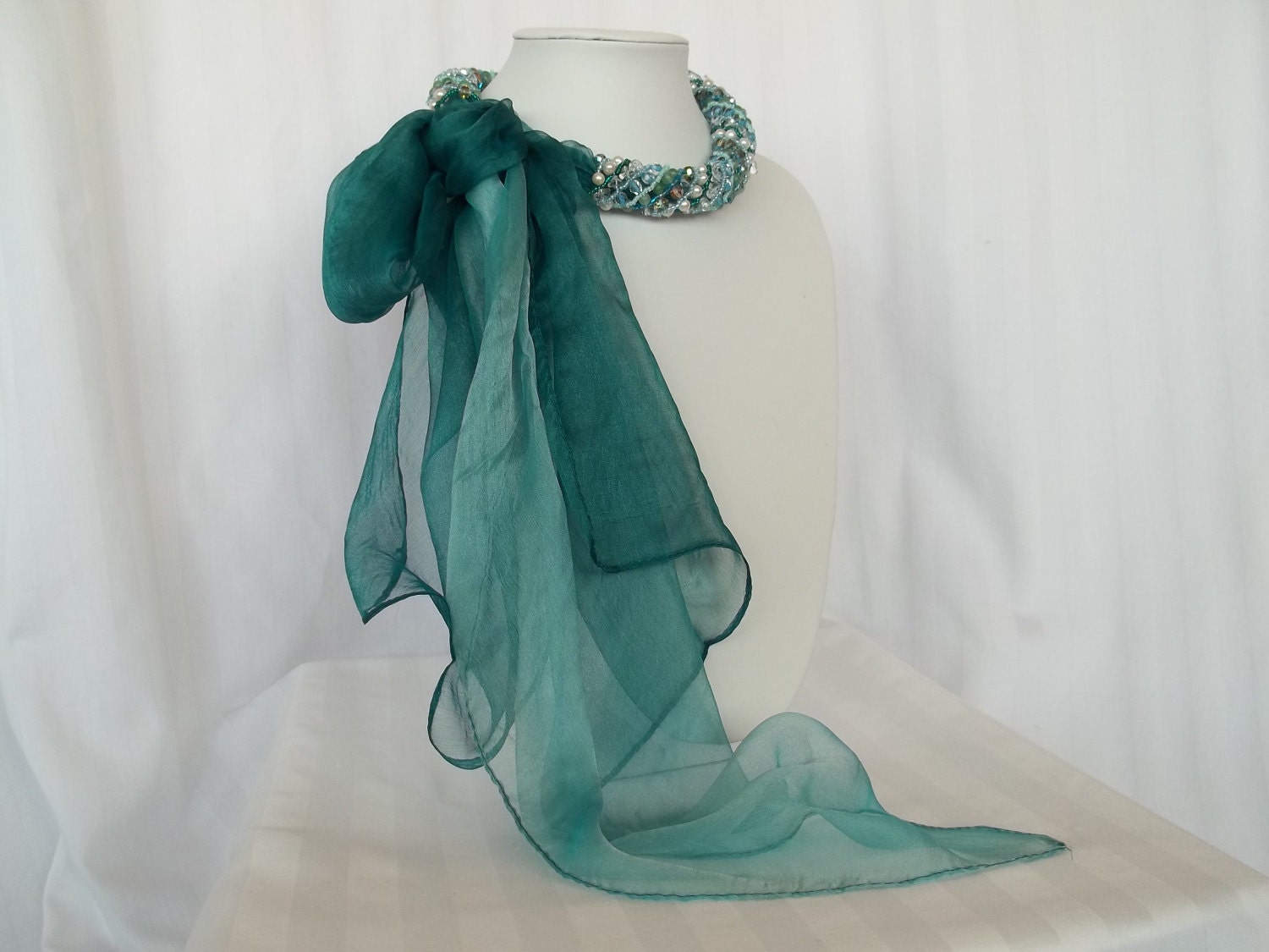 Original Natural Stone Necklace With Turquoise Blue Silk Scarf. 100% Silk Scarf and Beaded Necklace Combination. - MilenasBoutique Original Natural Stone Necklace With Turquoise Blue Silk Scarf. 100% Silk Scarf and Beaded Necklace Combination. - MilenasBoutique