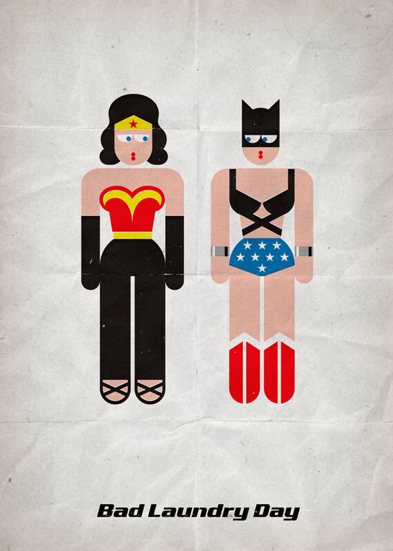 Wonder Woman & Cat Woman in "Bad Laundry Day". Print 12x17in (30x42cm) plus FREE Button Pin