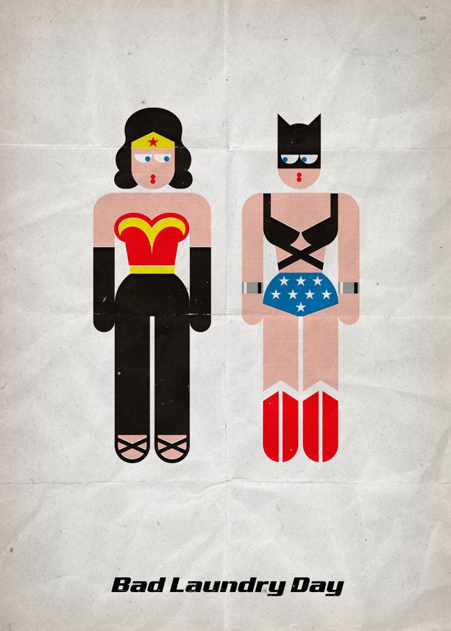 Wonder Woman & Cat Woman in "Bad Laundry Day". Print 12x17in (30x42cm) plus FREE Button Pin