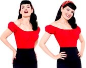 Red Cotton Lycra Fitted Peasant Blouse