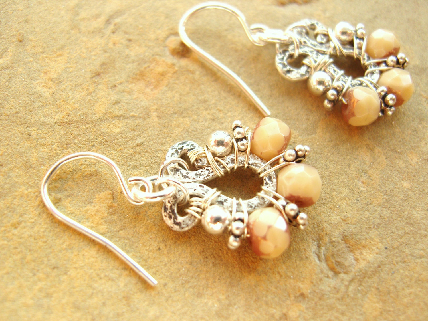 Cream & Copper Earrings, Bali Sterling Silver, Czech Glass, Hammered Sterling Silver, Dangle Earrings