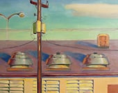 ACEO print of telephone pole, roof fans, and building. Above the Office, Fine Art. Contemporary urban paintings