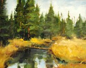 Fine Art print 2.5x3.5 inches. Landscape painting of evergreens. "Evergreens & Yellows". ACEO Print.