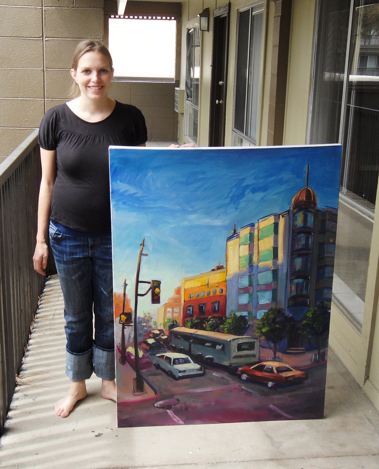 LARGE original oil painting 48x36 inches, gallery wrap, no frame needed. City life, bright expressive cars, street, light pole, trees.