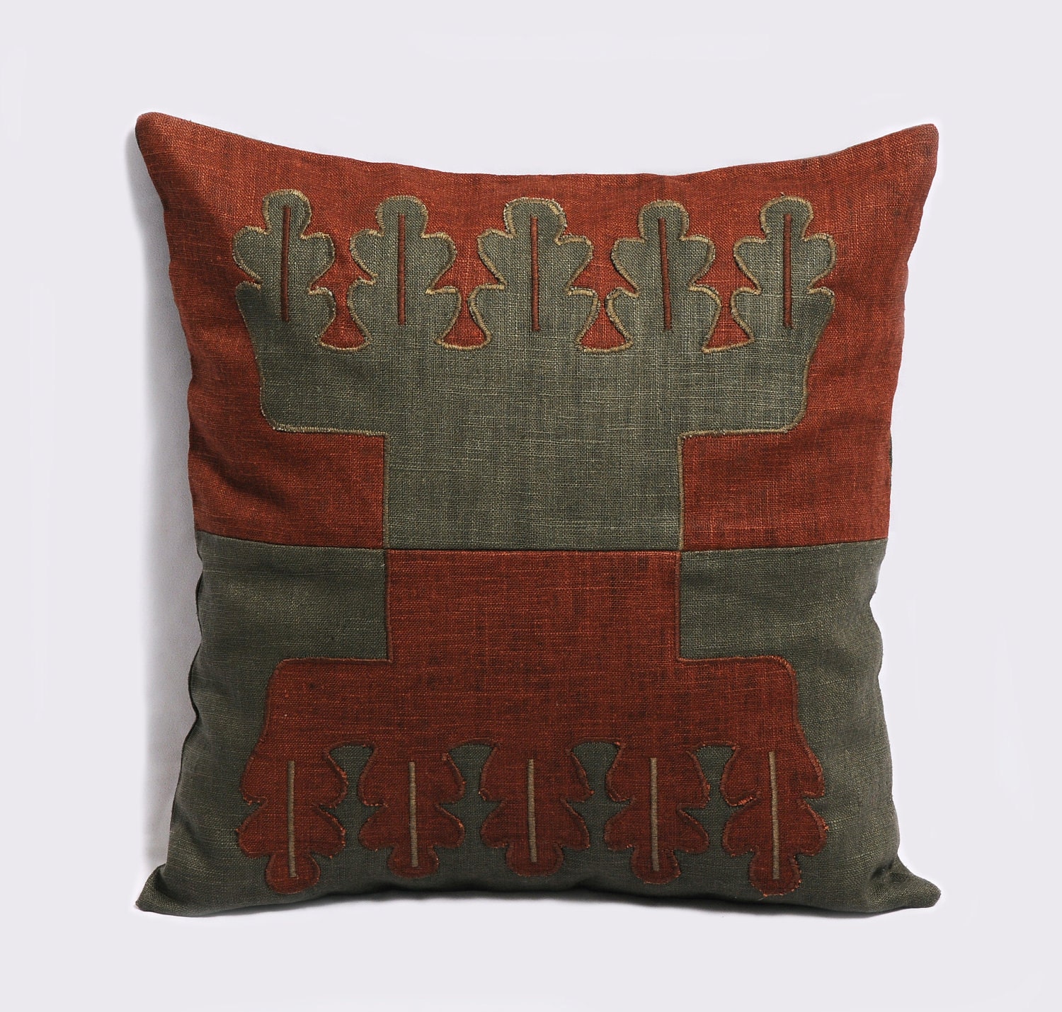 Woodland Inspired Decorative Pillow Cover - olive and red ochre linen, Oaks, Trees, 16x16 inches, Accent Pillow, Tree pillow