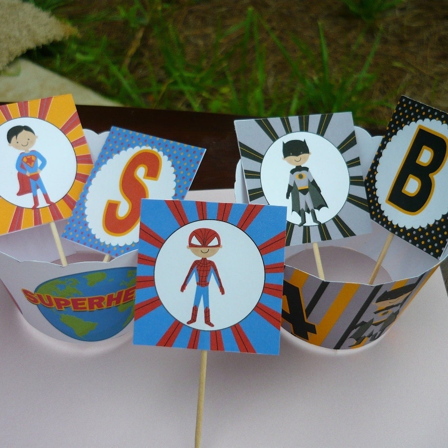 Super Hero Party Circles, super hero cupcake toppers, batman toppers, superman toppers, spiderman toppers, tags, party tags, super hero Il_570xn