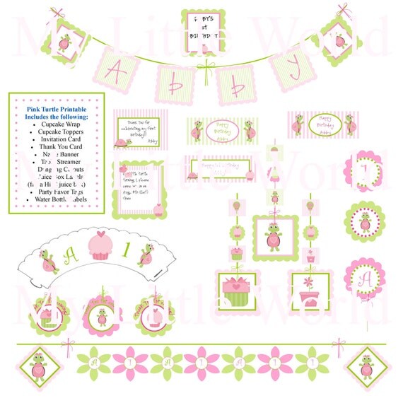 First Birthday Decorations, birthday decorations, pink and green turtle,printable first birthday party, printable party package Il_570xn