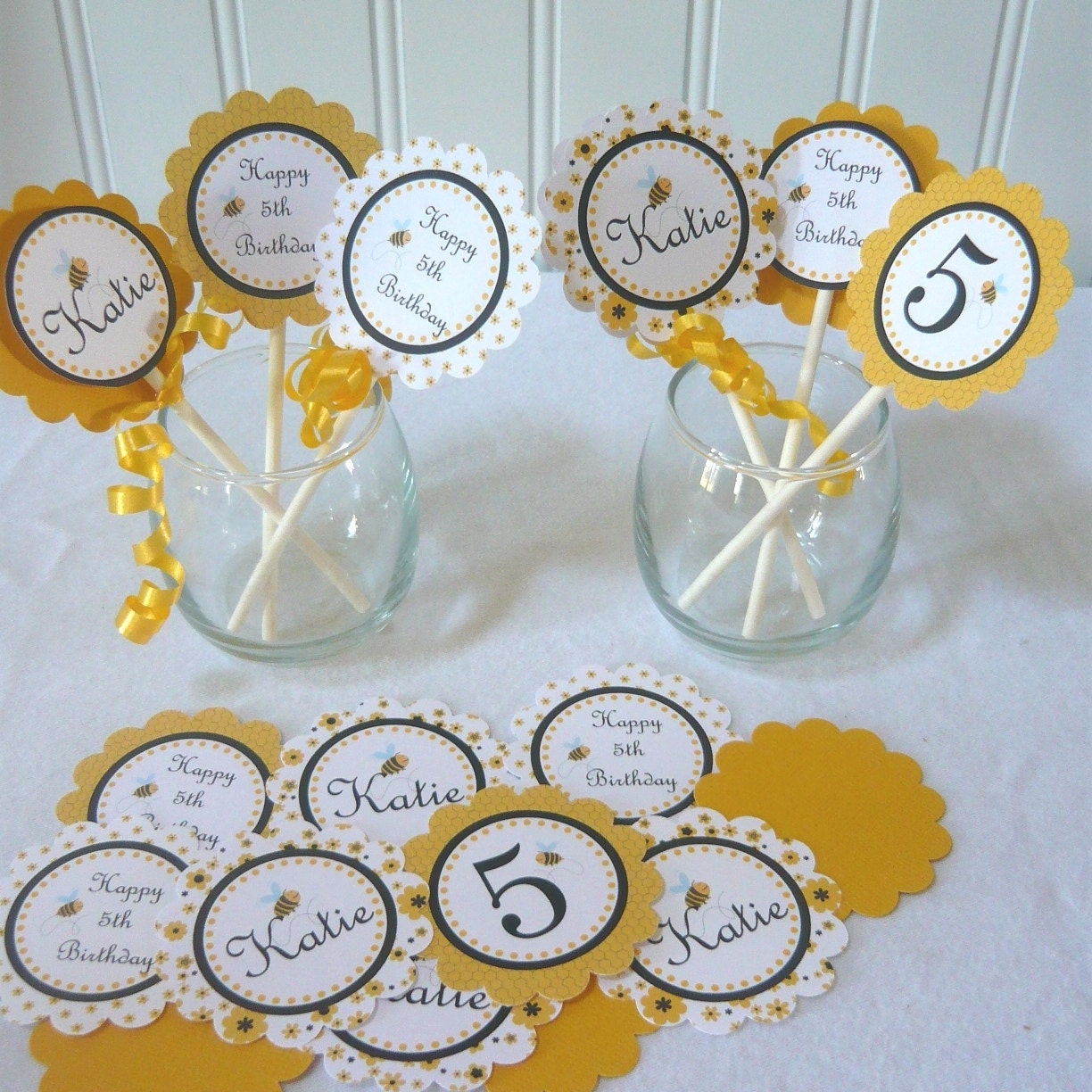 Bumble Bee Cupcake Topper Kit customize with your wording and child's name for birthday or baby shower (18 pcs) Il_570xn