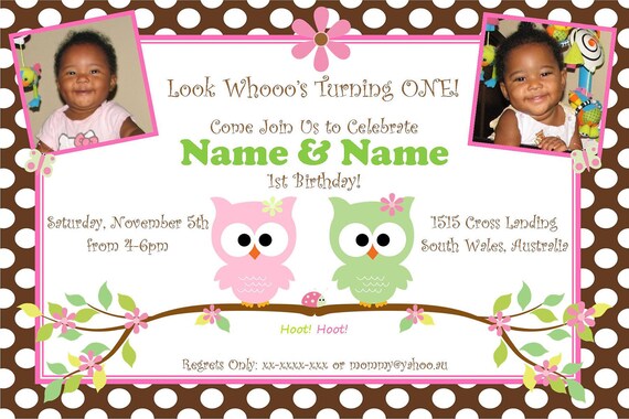 Owl Twin Photo Invitation (4x6), DIY PRINTABLE Il_570xn