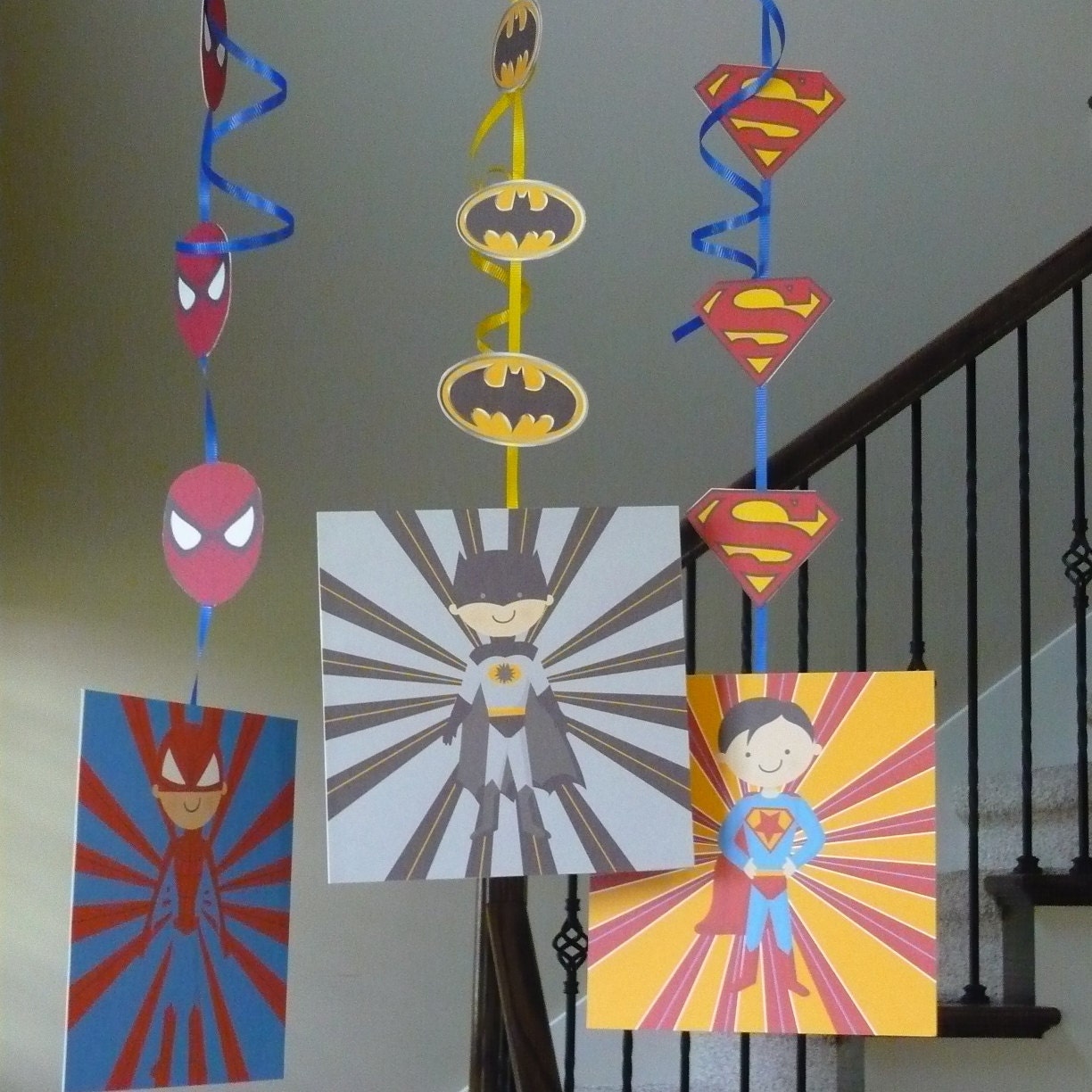 Super Hero birthday hanging decorations with batman, spiderman & superman, MADE TO ORDER, super hero decorations, super hero birthday Il_570xn