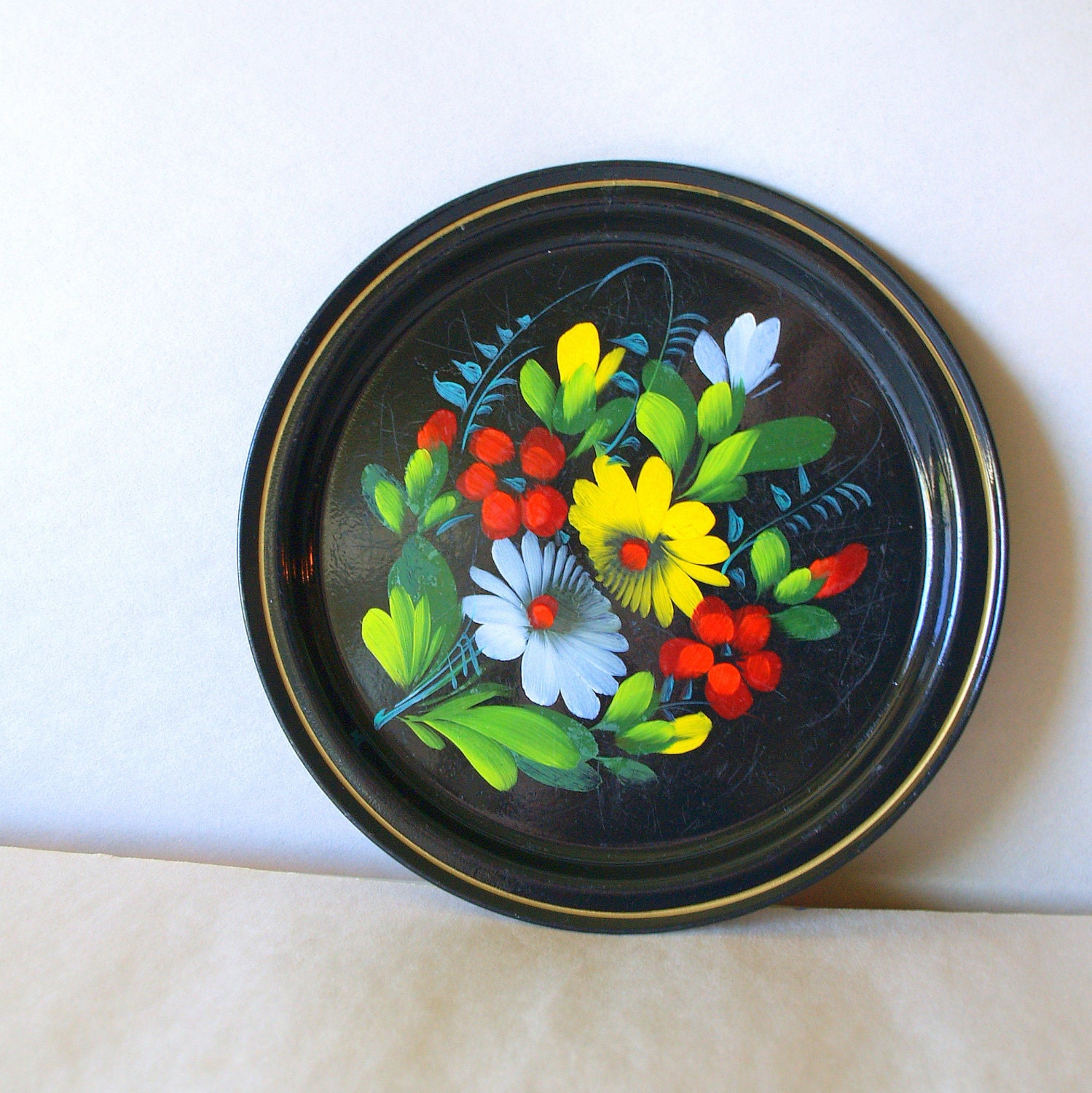 40s RUSSIAN TOLE TRAY // Antique Ueha // Hand Painted Folk Art 1940s Floral Black Enamel // Red Yellow Green Flowers Toleware Lacquer Plate