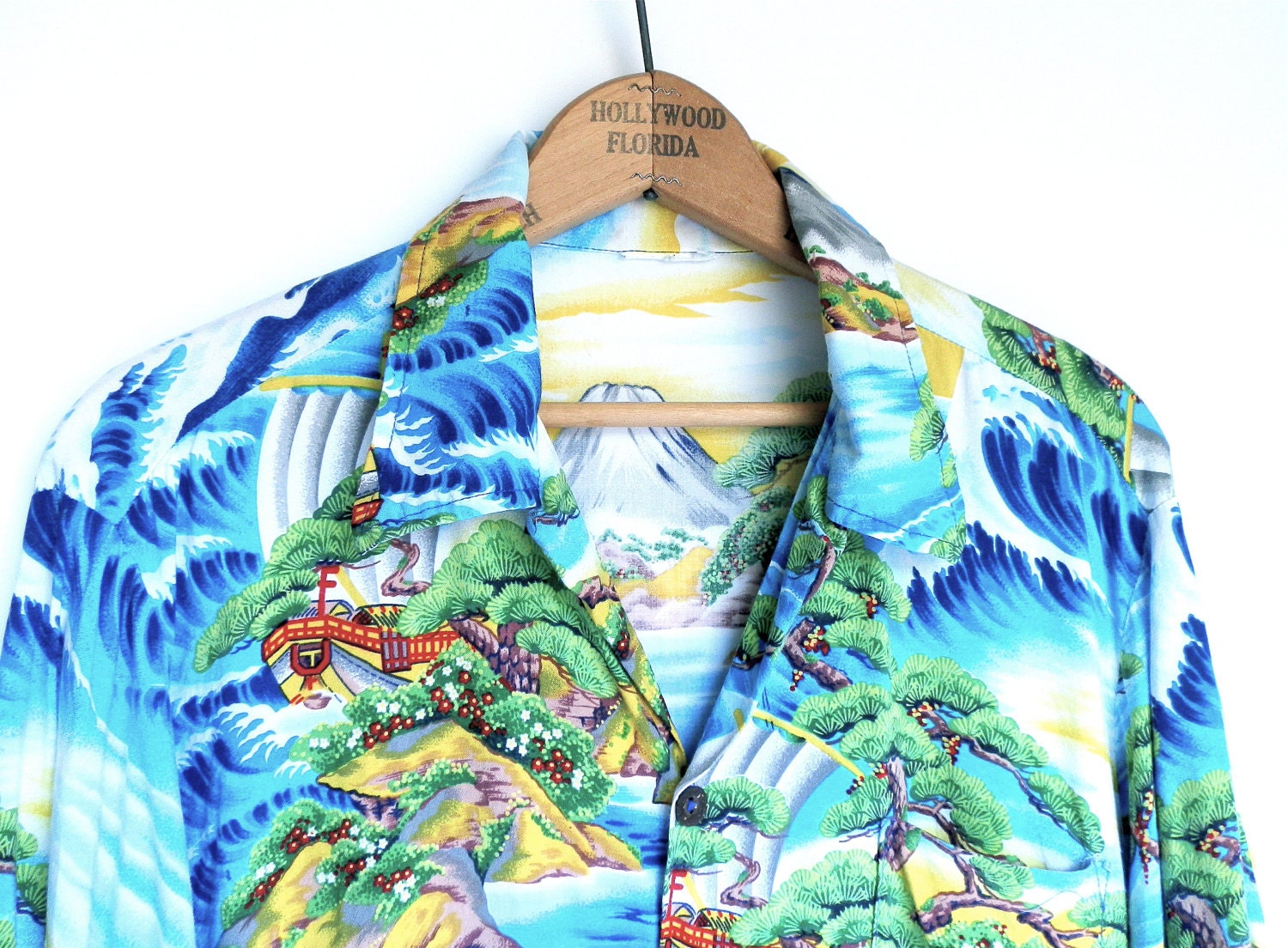 Vintage Hawaiian Shirt Unisex Volcano Blue Waves Halloween Costume